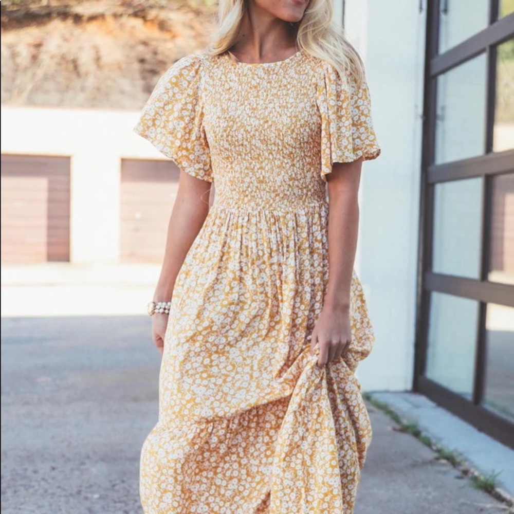 In Loom Yellow Floral Smocked Front Pleated Hem Maxi Dress